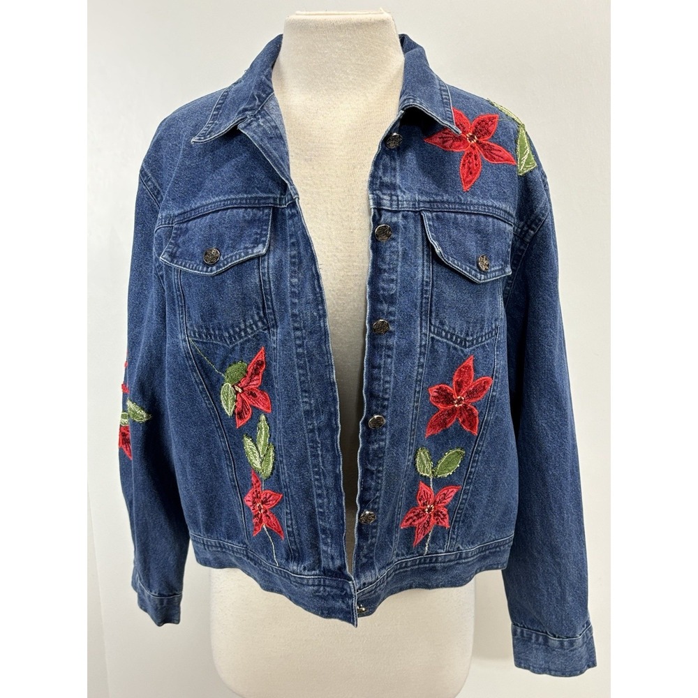 NEW! Vtg Tantrums Denim Jean Jacket Sz Large Petite Lp Womens Poinsettia Xmas